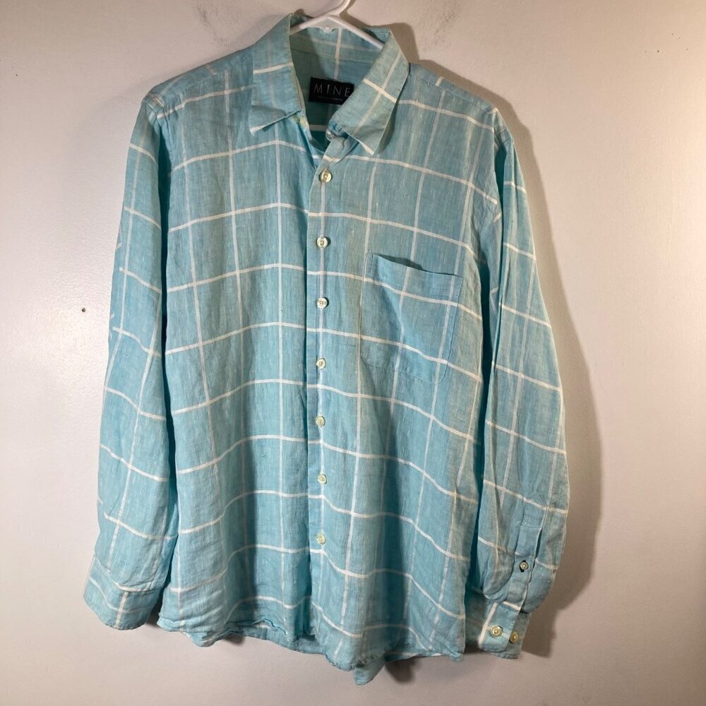 Mens Mine Linen Button‎ Shirt Long Sleeve Plaid Aqua White M